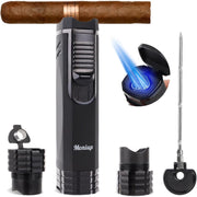 Moniup Cigar Torch Lighter with Triple Flame, 2 Cigar Holders, Cigar Draw Enhancer, Cigar Punch, Refillable Butane