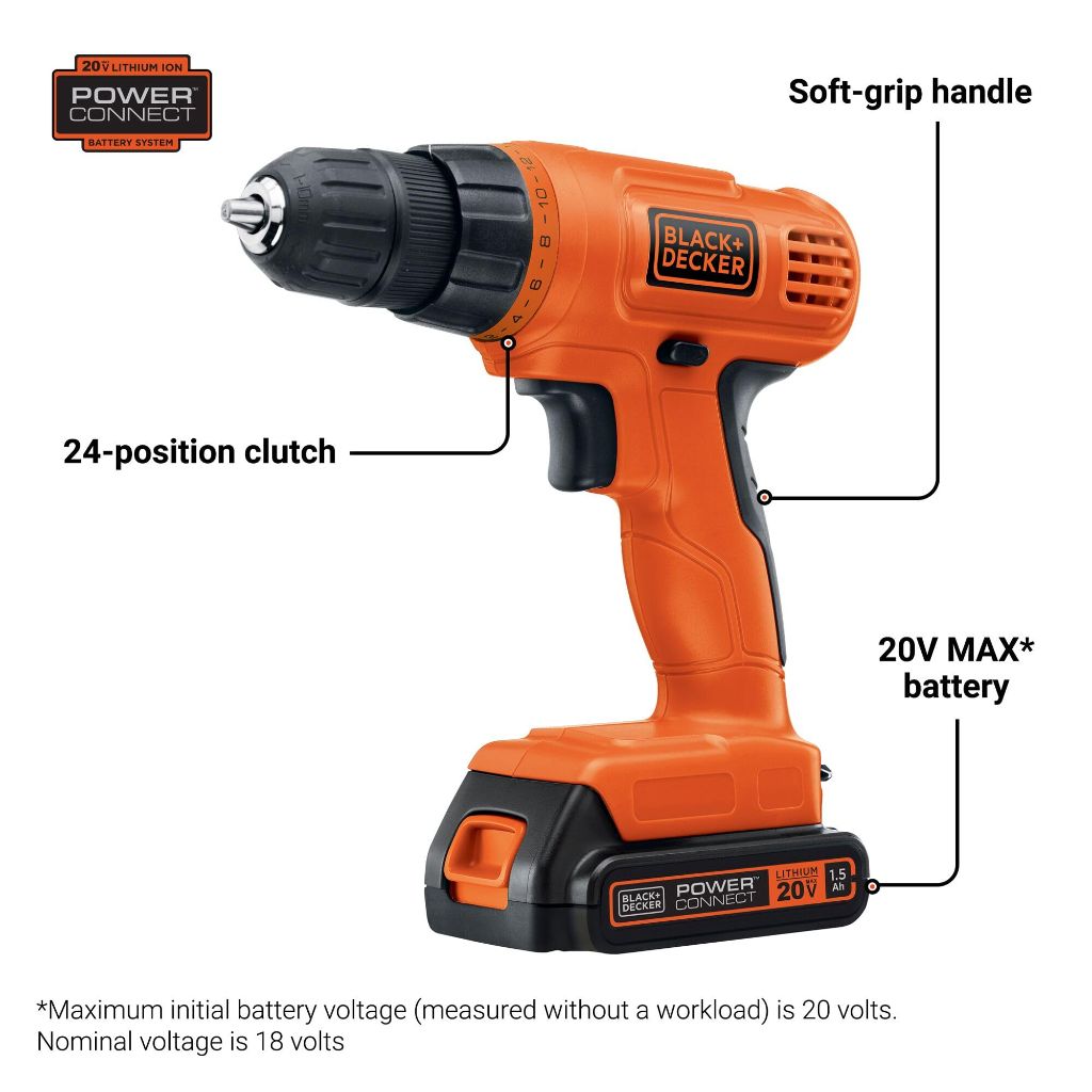BLACK+DECKER 20V MAX POWERCONNECT Cordless Power Drill Driver with 30 Piece Bit Set, Battery and Charger Included (LD120VA)