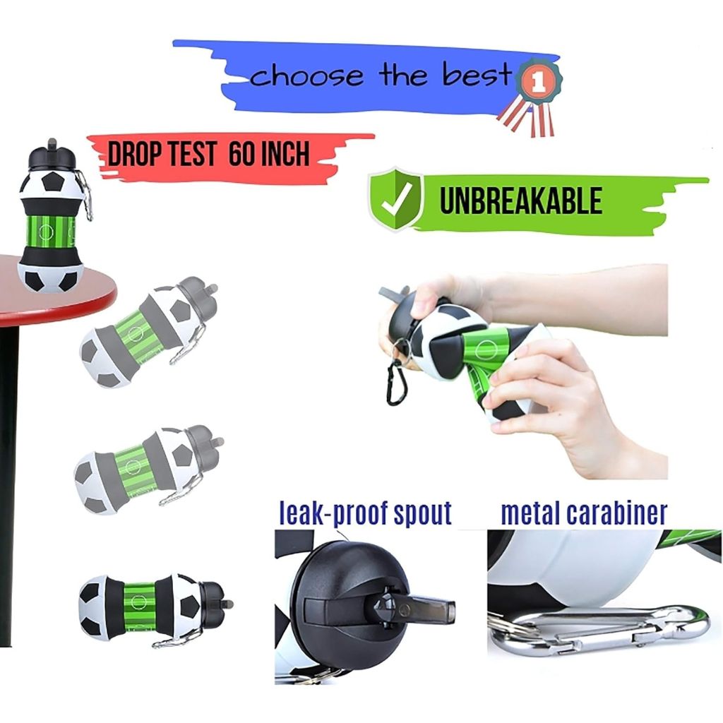 Kids Sports Water Bottle Collapsible Ball Shaped Drinking Cup Leak Proof (Black, White, Green)