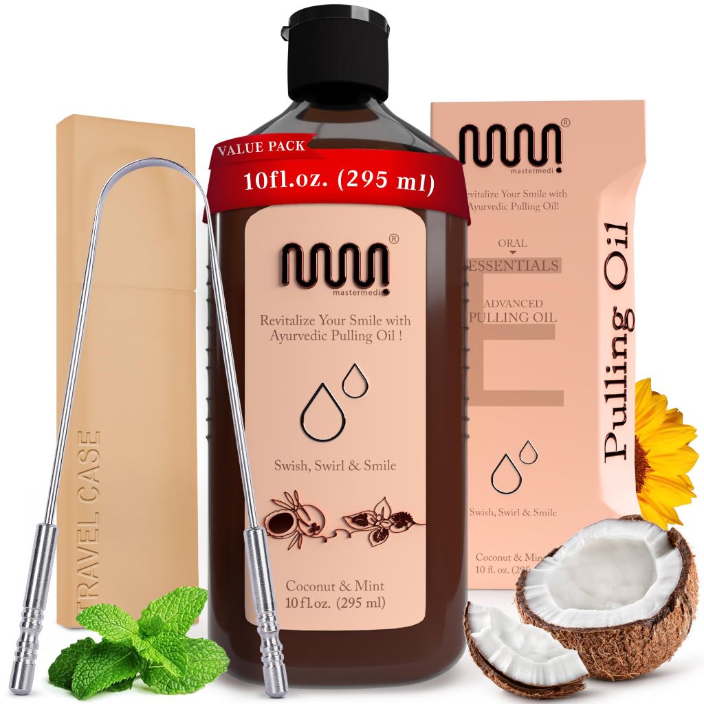 MasterMedi Coconut and Peppermint Oil Pulling (10 Fl.Oz), Mouthwash with Tongue Scraper