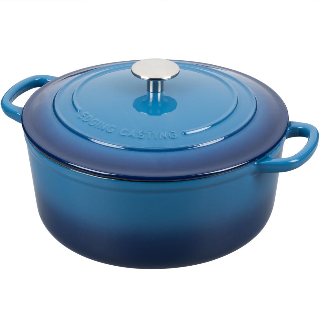 EDGING CASTING Enameled Cast Iron Dutch Oven Pot with Lid, 7 Quart, Round Dutch Ovens for Bread Baking, Lake Blue