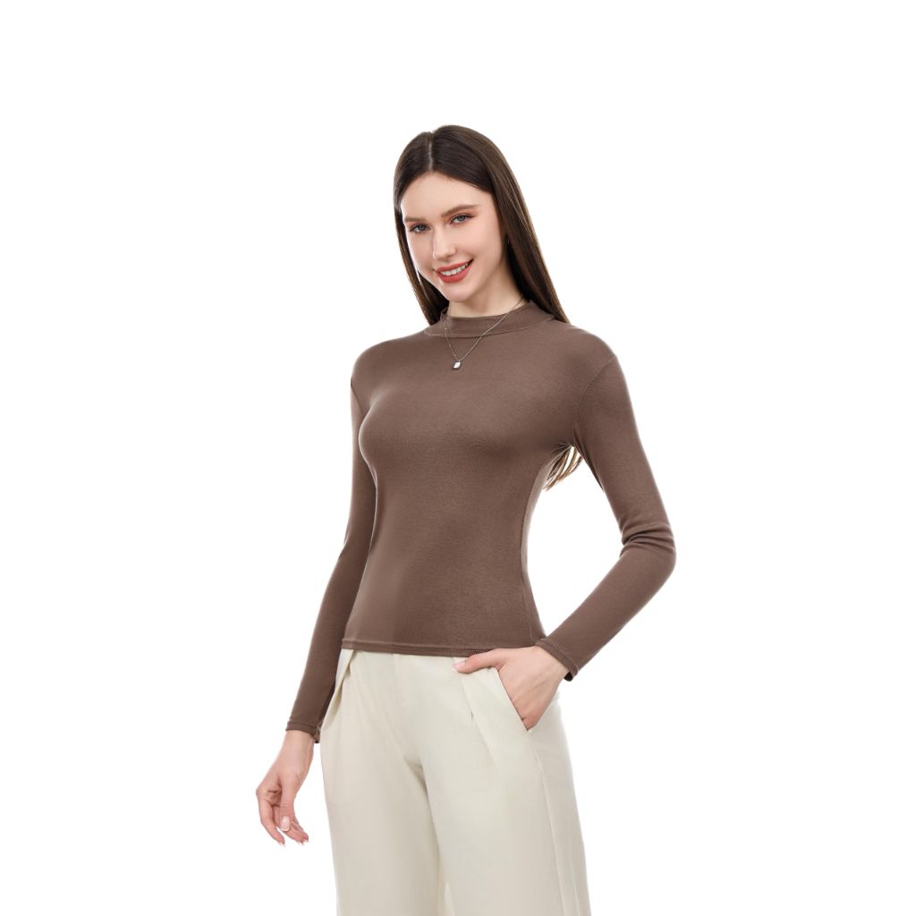 VELNIA Women's Thermal Shirt Mock Neck Long Sleeve Undershirt, Brown, Medium