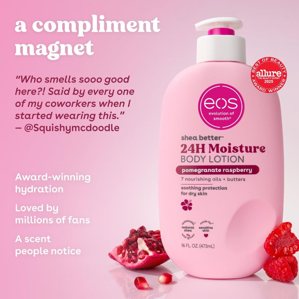 Eos Shea Better Body Lotion Pomegranate Raspberry, 24-Hour Moisture Skin Care, Vegan, 16 fl oz
