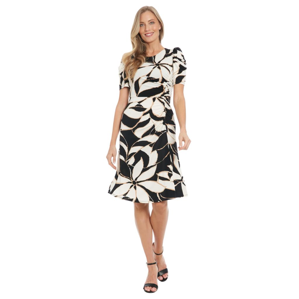 London Times Women's Dresses Women's Knee-Length Fitted Dress with Puff Sleeves Black/Tan, 14P