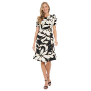 London Times Women's Dresses Women's Knee-Length Fitted Dress with Puff Sleeves Black/Tan, 14P
