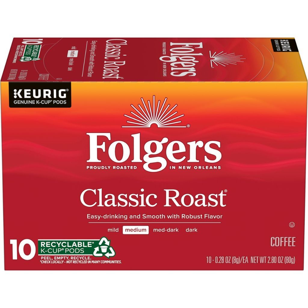 Folgers Classic Roast Medium Roast Keurig K-Cup Coffee Pods, 10ct.