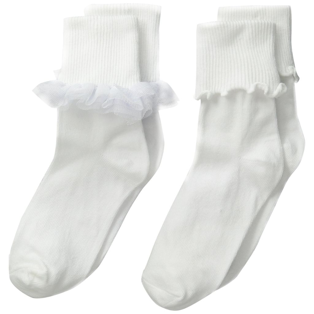 Jefferies Socks Big Girls' Ruffle and Ripple Edge Turn Cuff Socks, White - size Small (2pk)