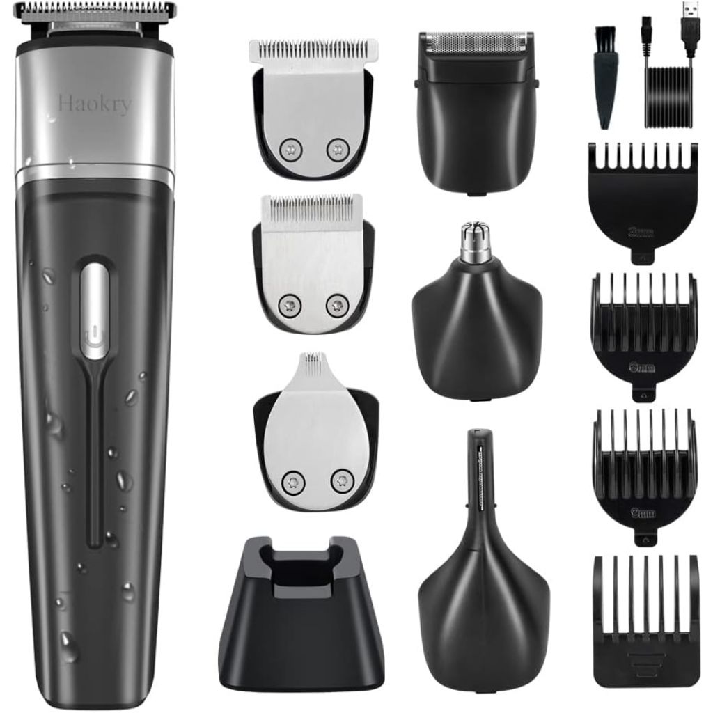 GEEGVV Haokry Beard Trimmer, Cordless Hair Clippers, Waterproof Body Mustache Nose Ear Facial Cutting Groomer, Electric Shaver 6 in 1 Grooming Kit for Men
