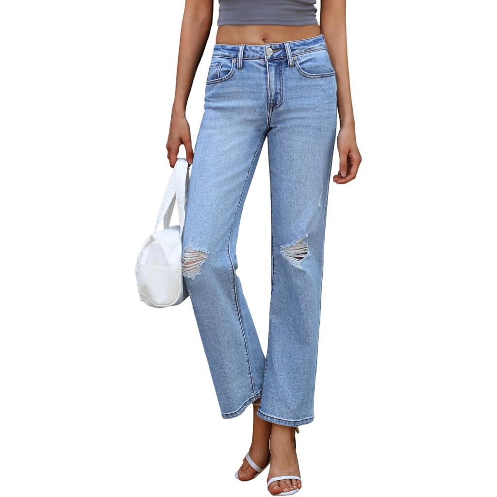 OFLUCK Women's Wide Leg Jeans Mid High Waisted Boyfriend Jeans Straight Leg Loose Fit Denim Pants