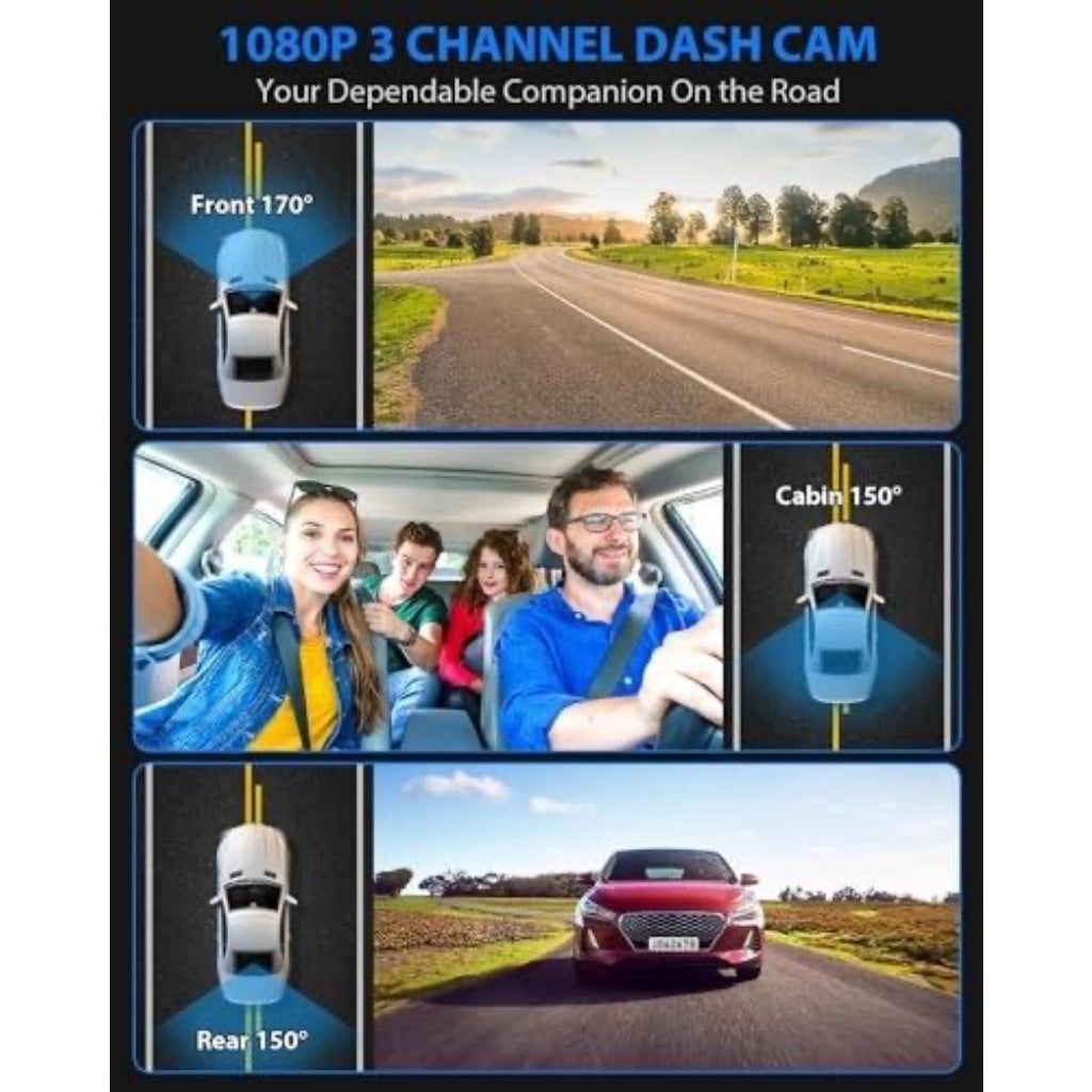 SUVCON 3 Channel Dash Cam, 1080P Front and Inside with 32GB Card, HDR, G-Sensor, 24Hr Parking