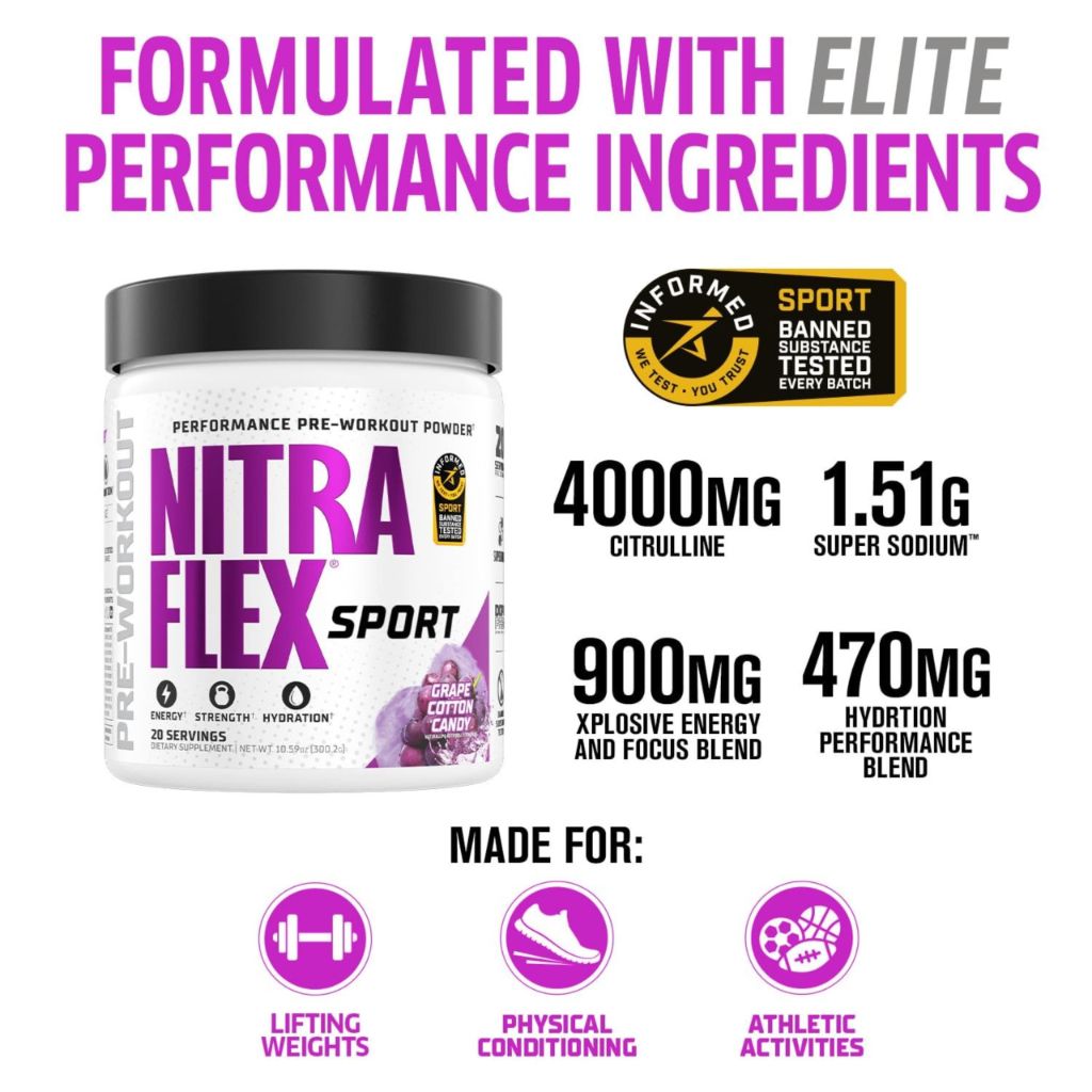 Nitraflex Sport Grape Cotton Candy Pre-Workout Powder - 20 Servings