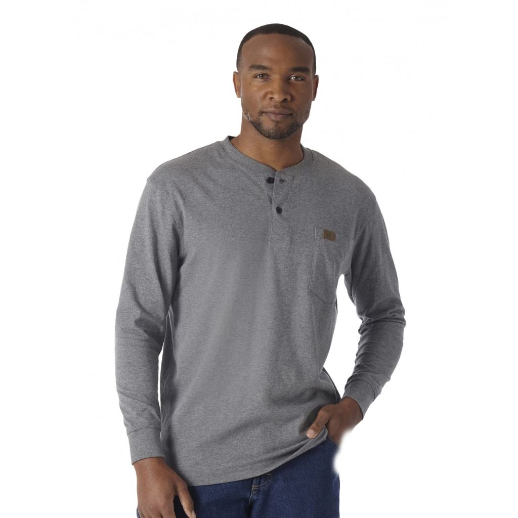 Wrangler Long Sleeve Henley, Charcoal Gray, Large Tall