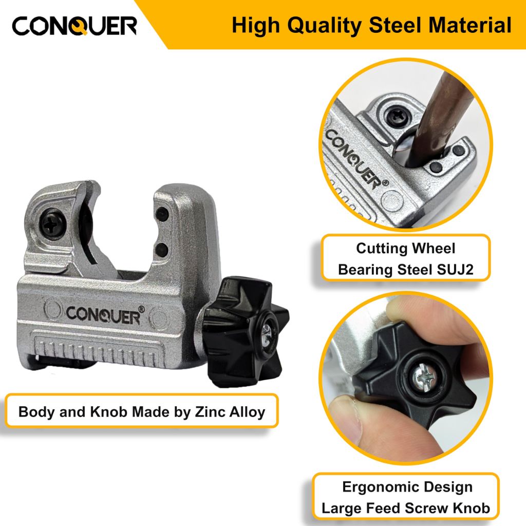 Conquer Mini Tubing Cutter for Copper, Plastic, PEX, Aluminum, Brass - 1/8"–7/8" (HT05116)
