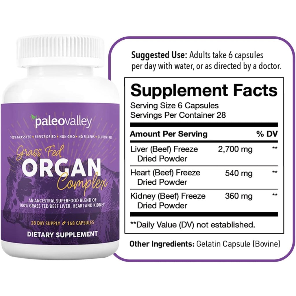 Paleovalley Grass Fed Beef Organ Complex - Freeze-Dried Beef Liver, Heart, and Kidney Blend, 1 Bottle