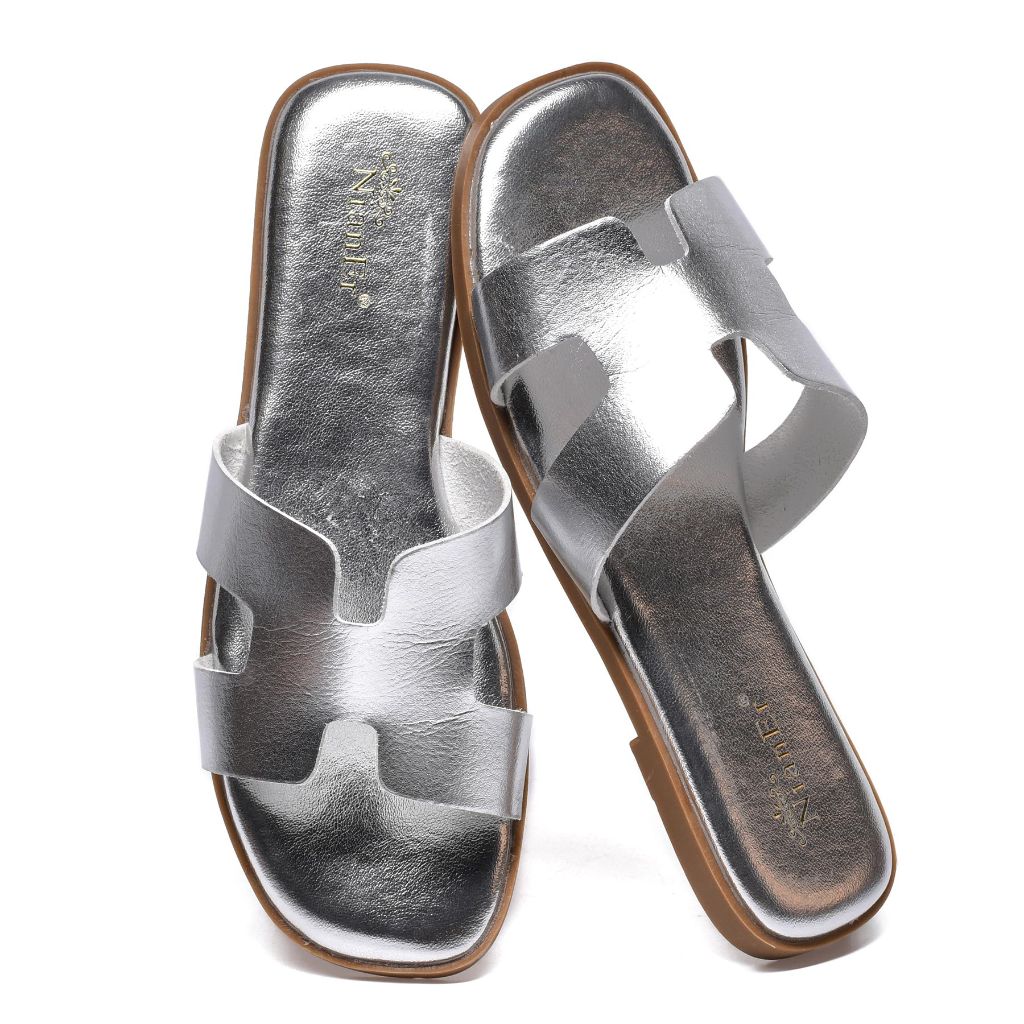 NianEr Womens Microfiber Leather Sandals Square Toe Dress Dressy Slip On Slides silver Size 8