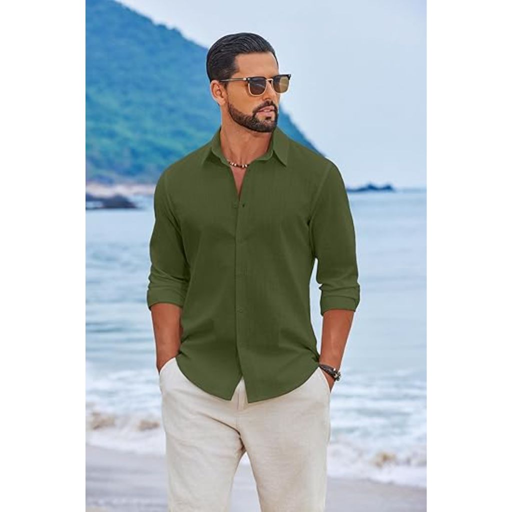 COOFANDY Men's Casual Button Down Long Sleeve Shirt, Army Green, Medium