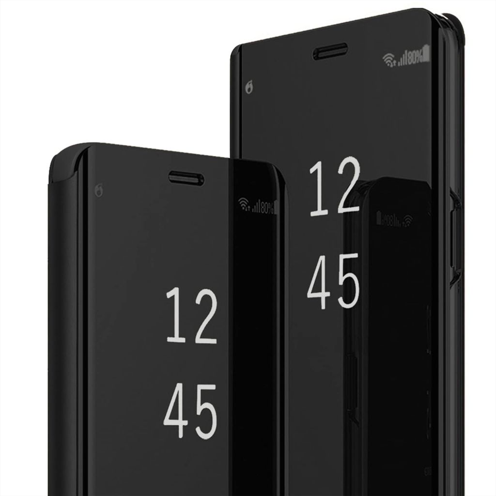 Galaxy S25 Case with Kickstand, PU Leather Clear View Mirror Flip Cover (Black)