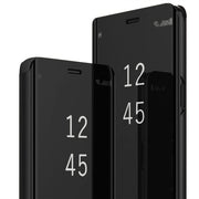 Galaxy S25 Case with Kickstand, PU Leather Clear View Mirror Flip Cover (Black)