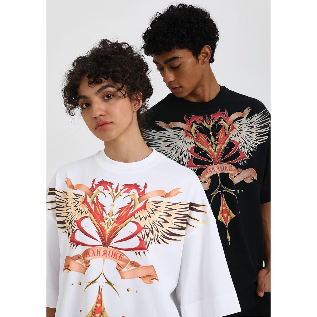 Unisex Oversized Love Wing Half Sleeves Casual Loose Graphic Tee - Black, Medium