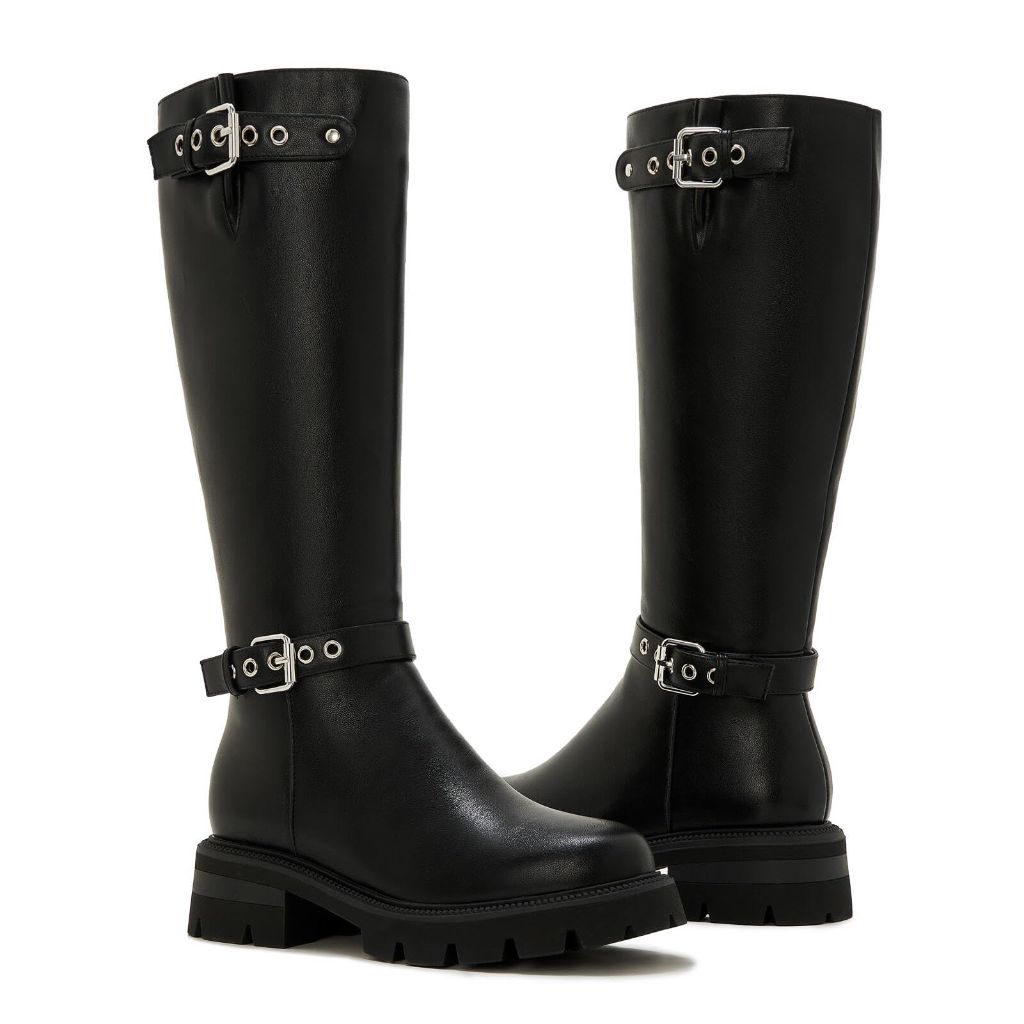 Women's Knee-High Combat Boots with Side Zipper, Black - Size 8