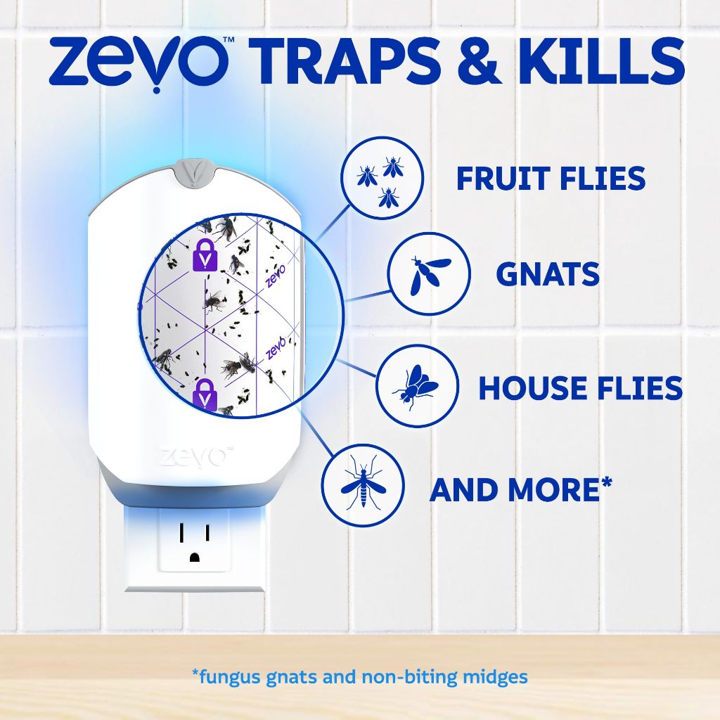 Zevo Flying Insect Trap & 3 Refill Cartridges - Blue & UV Light Technology, Mess-Free Alternative to Bug Zapper