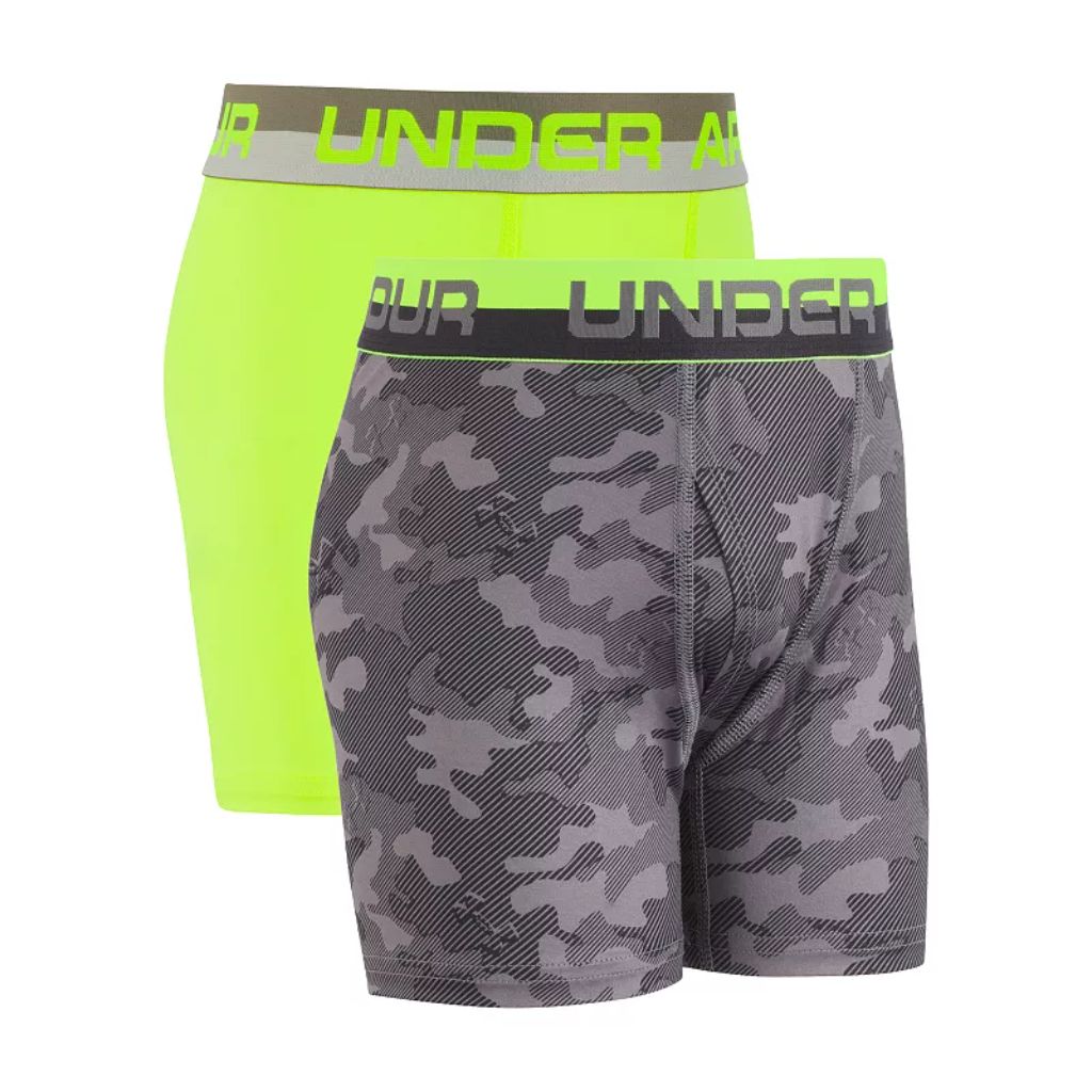 Under Armour Boy's Boxer Briefs - Graphite Camo/Yellow, Size XL (2 Pair)