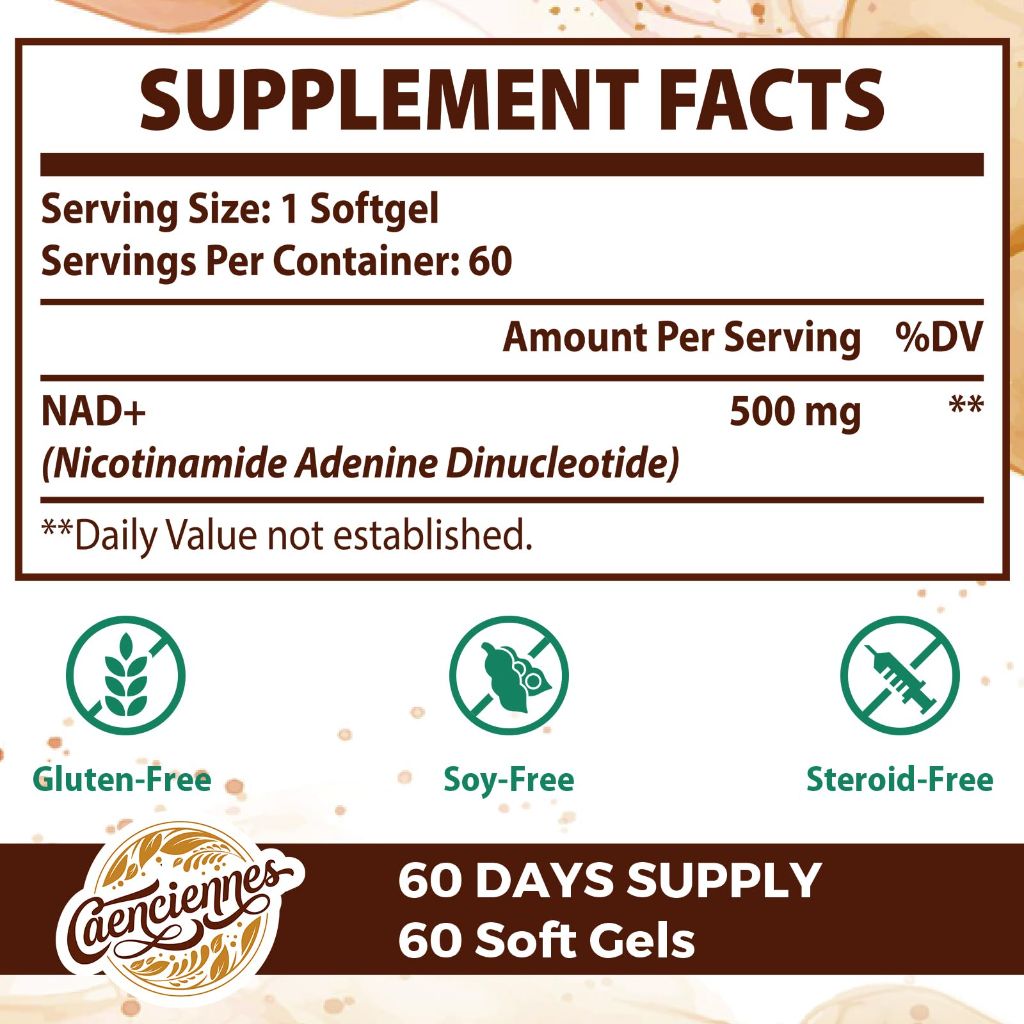 Caenciennes Liposomal NAD+ 500 MG Supplement, True NAD Plus Supplement, Superior Absorption, Boost NAD ( 60 Softgels)