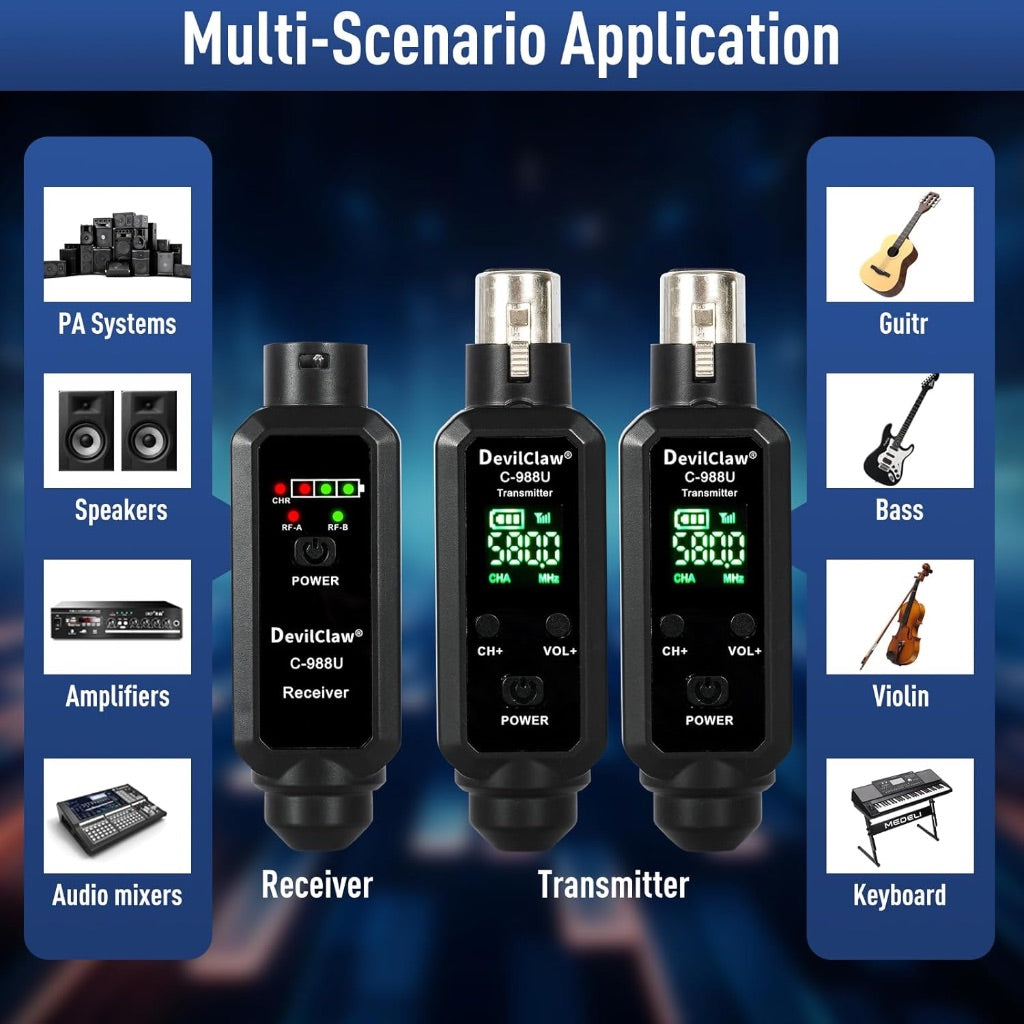 Wireless Guitar System Dual Transmitter with Microphone, Electric Guitar Accessories, 260ft Range, Plug and Play Wireless Audio Transmitter and Receiver for Bass Guitar