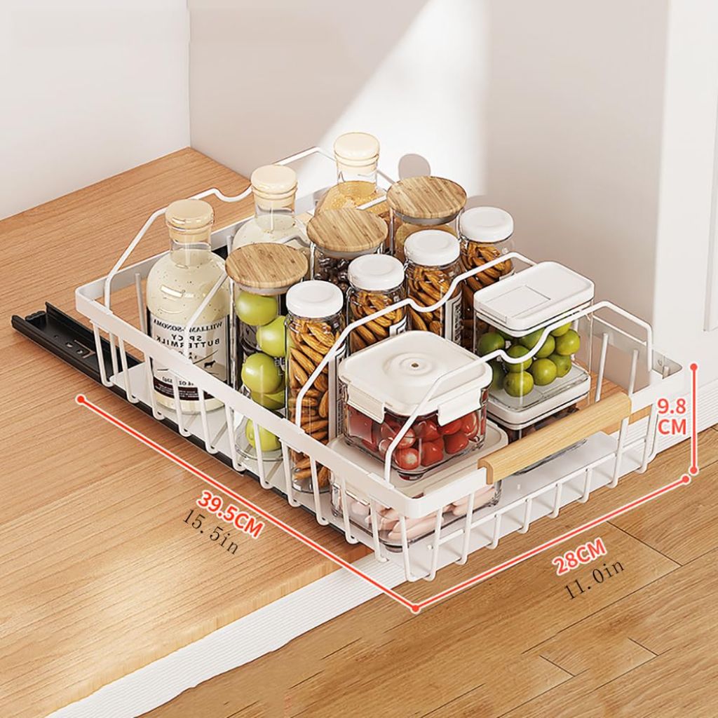 Curtainboro Pull Out Cabinet Organizer, Multifunctional Sliding Mesh Cabinet Basket, No Drill Pull Out Shelf Storage Drawer for Kitchen Bathroom Home Pantry
