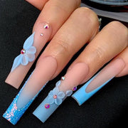 Press on Nails with Designs, Flower, Rhinestones, and Glitter - Glossy Glue-On Long Square Nails - Blue, 24pcs