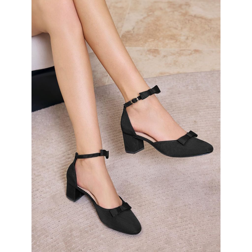 SZ 6.5 Coutgo Women's Chunky Low Heels Bow | Cool Black