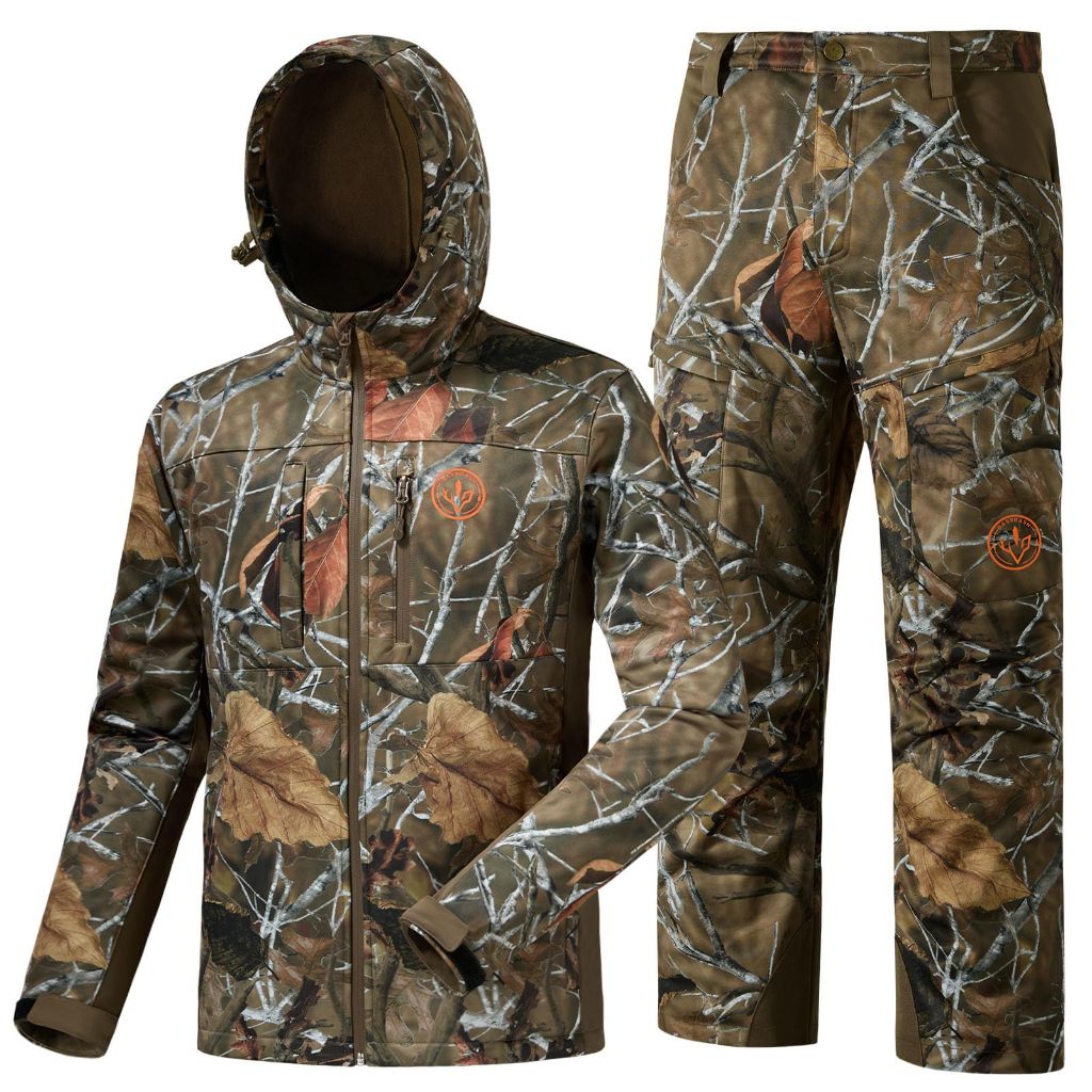 BASSDASH Men’s Insulated Hunting Hoodie Jacket and Pants Suit Softshell Camo Quiet Water Resistant Fleece-Lined Warm Coat