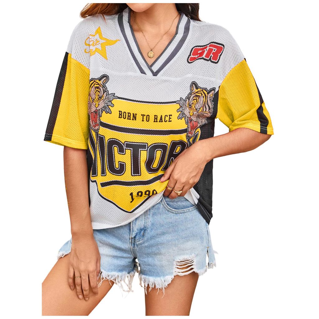 Women's Number Print Mesh Jersey Shirt Color Block V Neck Short Sleeve Football T-Shirt
