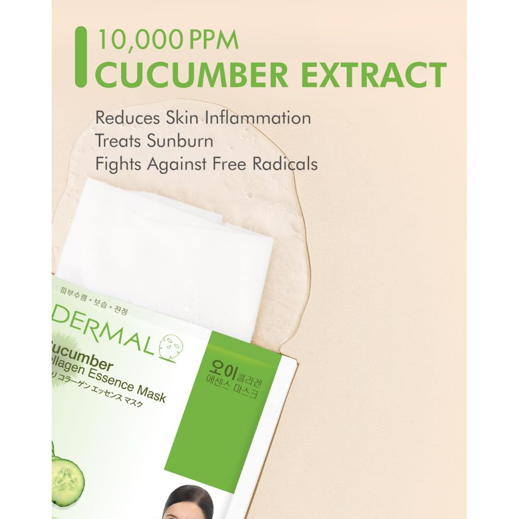 DERMAL Cucumber Collagen Essence Facial Mask Sheet 23g Pack of 100 - Soothing & Moisturizing, Redness & Sunburn Relief, Daily Skin Treatment Solution Sheet Mask