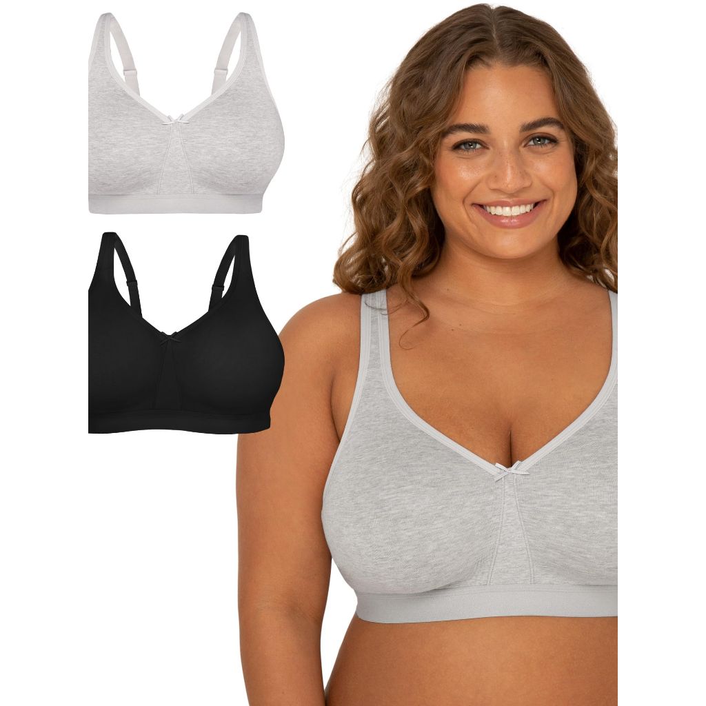 Fruit of The Loom Women's Wireless Cotton Bra 2 Pack Heather Grey/Black Hue 40D