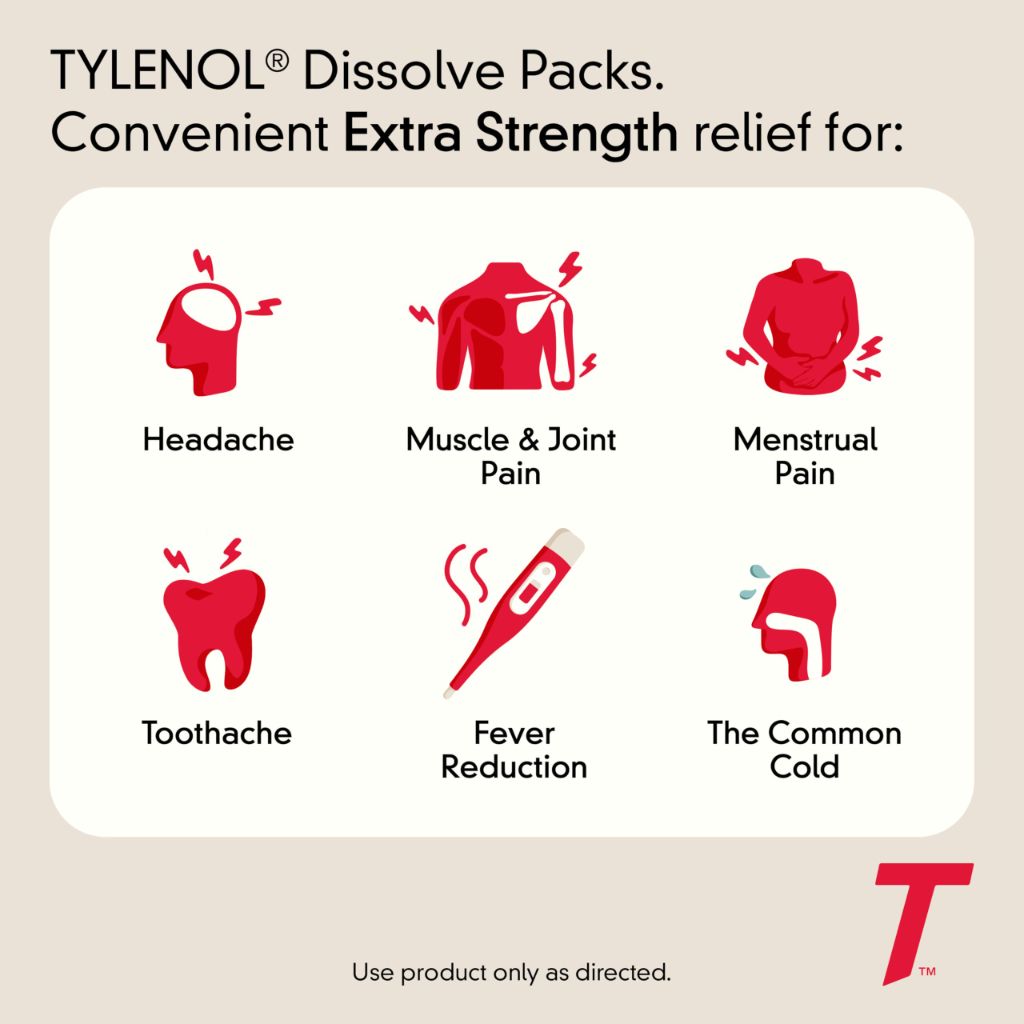 Tylenol Extra Strength Dissolve Packs, 500 mg Acetaminophen Pain Reliever & Fever Reducer, Berry Flavor, 12 ct