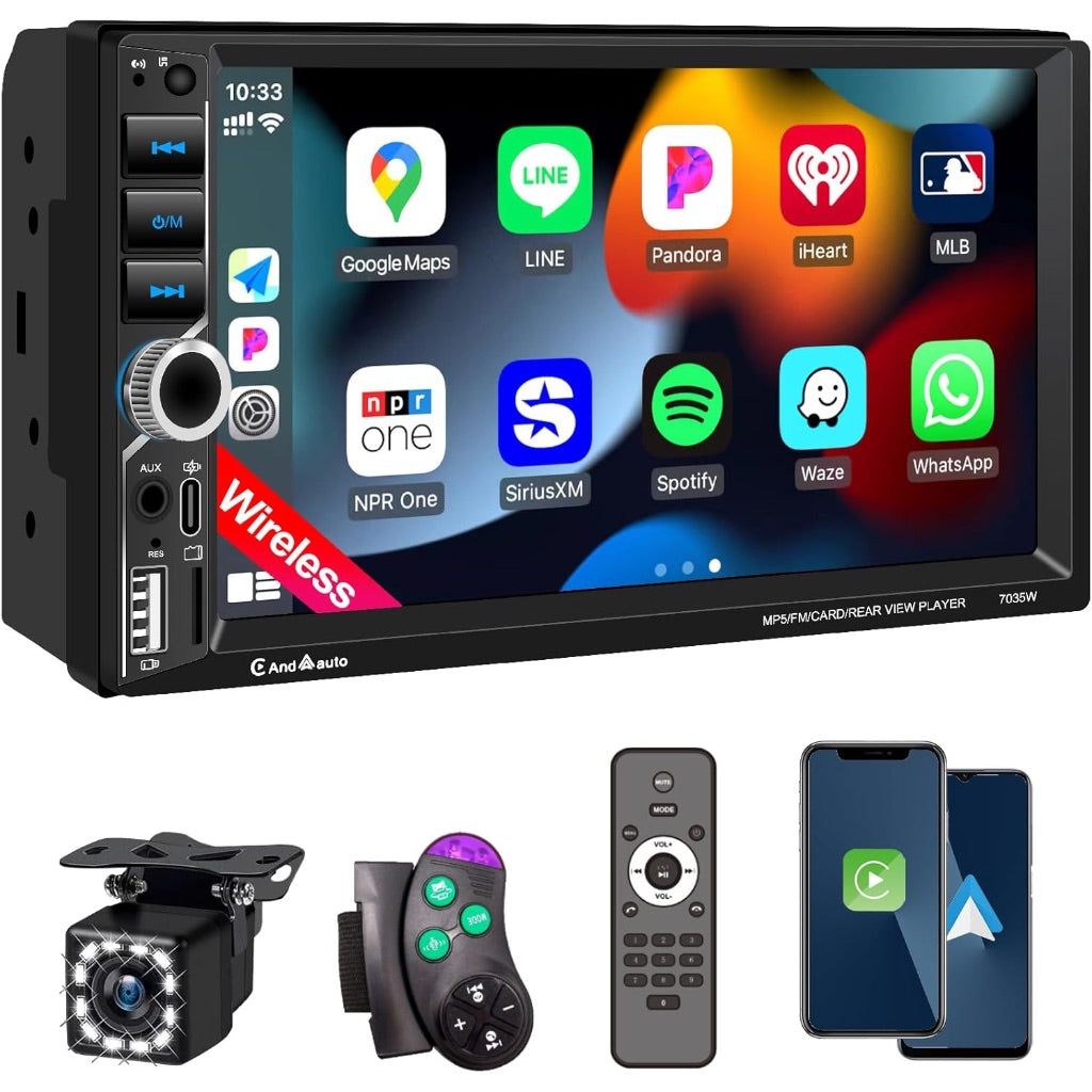 7'' Wireless Apple CarPlay Double Din Car Stereo with IPS HD Touchscreen, Bluetooth 5.2, FM Radio, Backup Camera, Android Auto, Mirror Link, USB/Type-C/AUX/TF,180W Audio Subwoofer Output