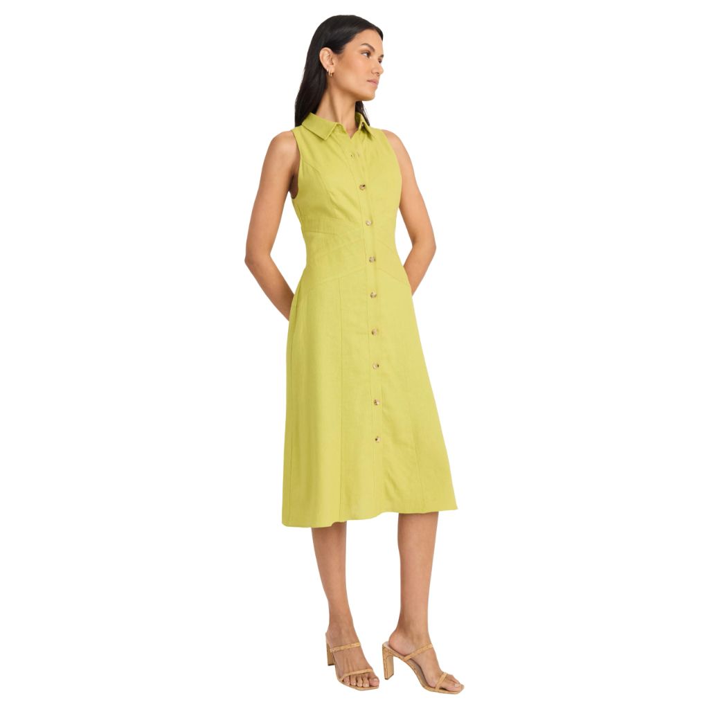 Maggy London Women's Sleeveless Button Down Linen Midi Dress - Elegant A-Line Business Casual Dress