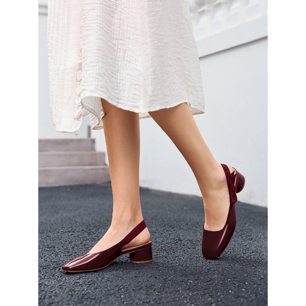 Coutgo Women's Slingback Low Chunky Heels, Deep red - Size 7