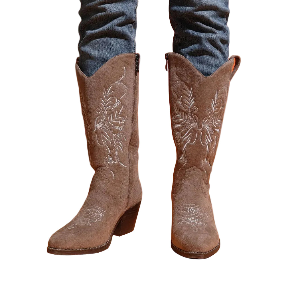 Gioanroca Cowboy Boots Classic Embroidered Pointy Toe Cowgirl Boot, Mid Calf Side Zipper (Beige Size 10)