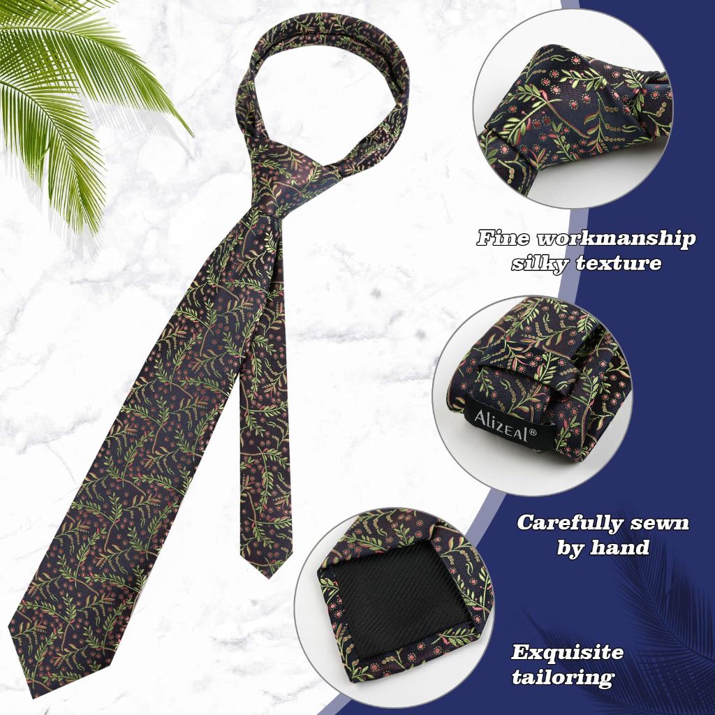 Alizeal Men's Rustic Tie with Flower Printed Handkerchief - Grass Green+Coral (3.15")