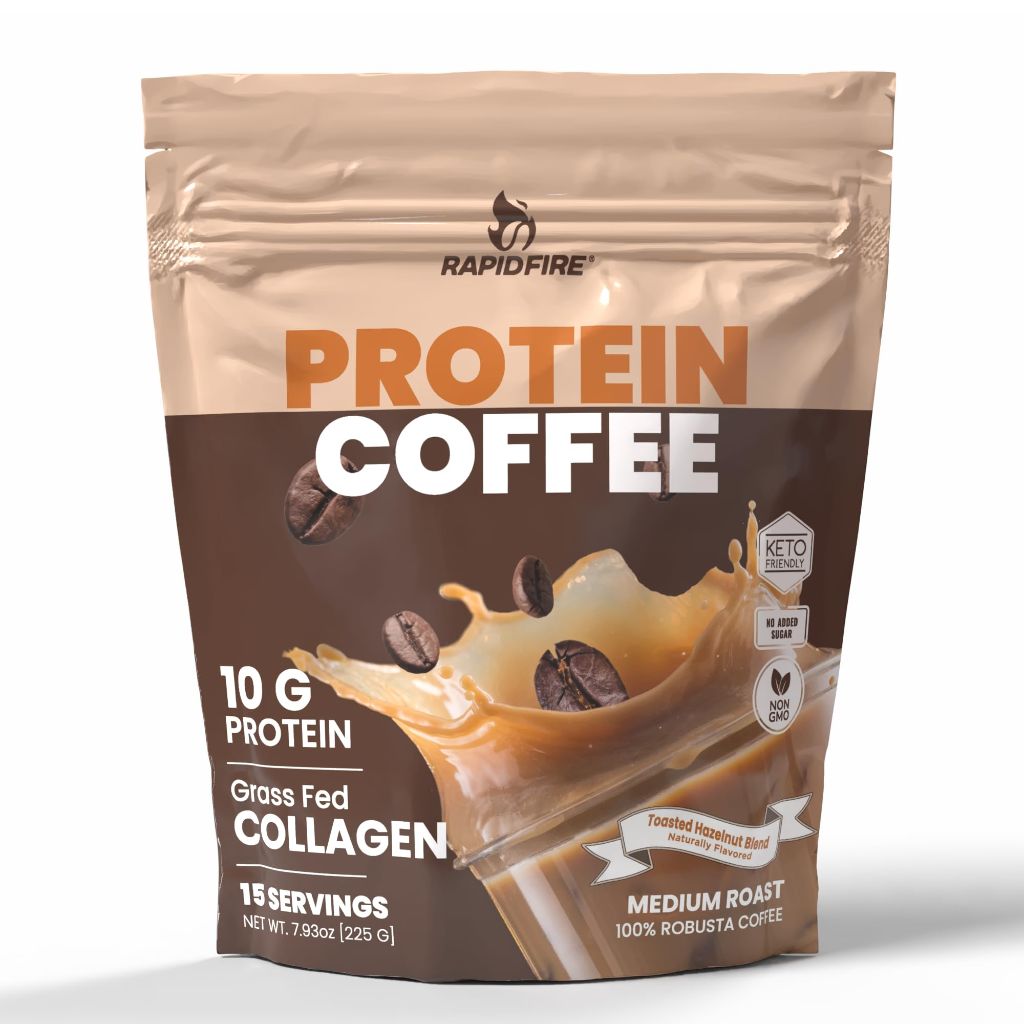 Protein Coffee, with 10g of Protein with Collagen,  100% Robusta Coffee, 15 Servings, | Hazelnut Flavor, Medium Roast