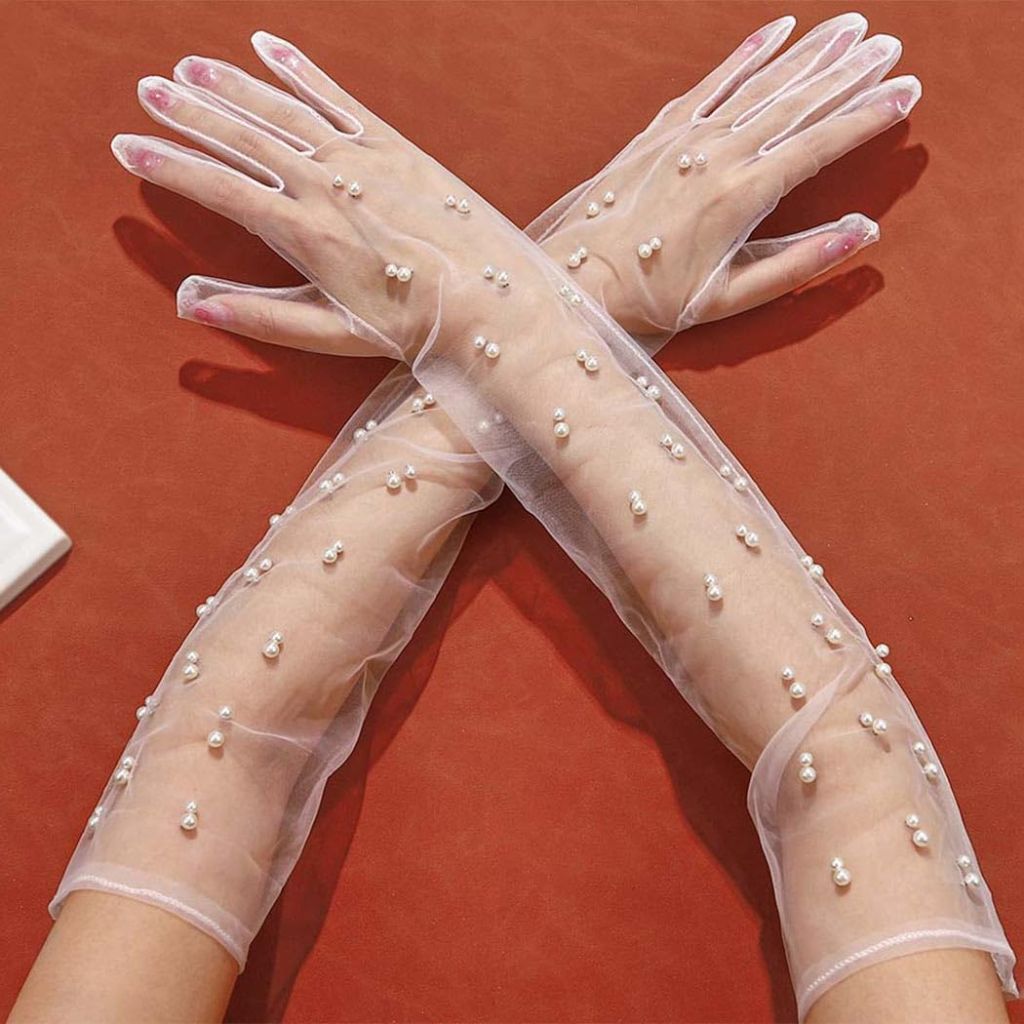 Casdre Elbow Length White Tulle Gloves w/ Pearls