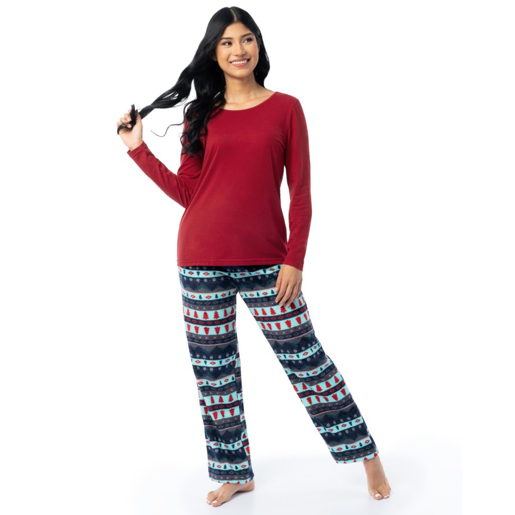 Fruit of the Loom Women's Sueded Jersey Crew Top and Fleece Pant Sleep Set, Red/Winter Fairisle, X-Large
