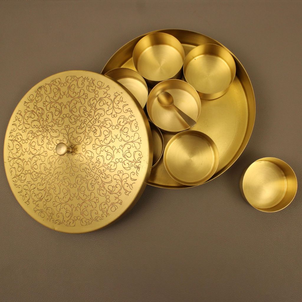 Spillbox Brass Spice Box Indian Set For Kitchen With Spoon|Brass Masala Box|Masala Dani|Masala Dabba & Spice Container Engraved design