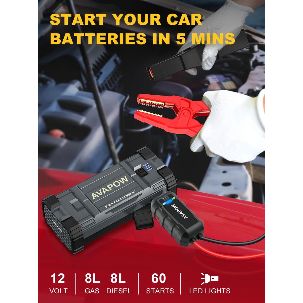 AVAPOW Car Battery Jump Starter 3000A Peak,  to 8L Gas 8L Diesel Engine with Booster Function,12V Lithium Jump Charger Pack Box