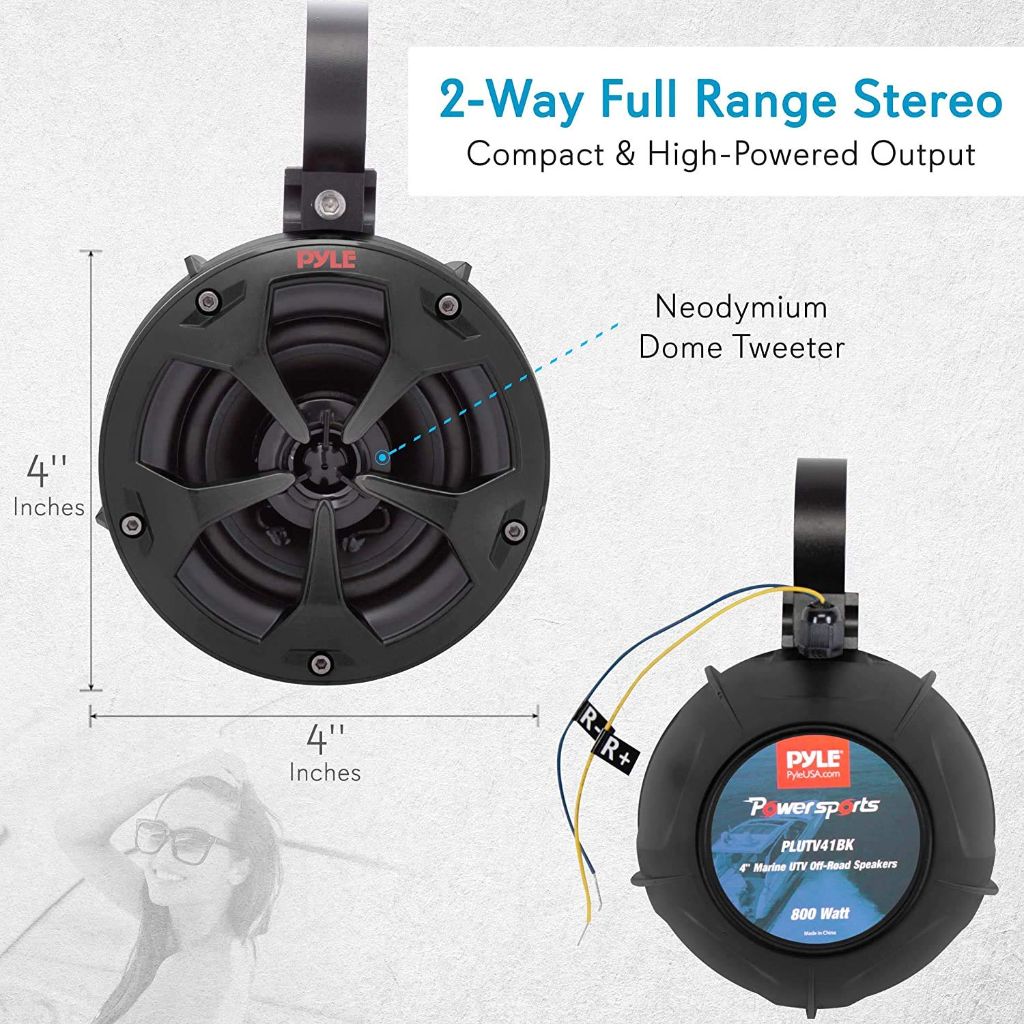 Pyle 2-Way Dual Waterproof Off-Road Speakers, 4 Inch 800 Watt Marine Grade - PLUTV41BK, Black