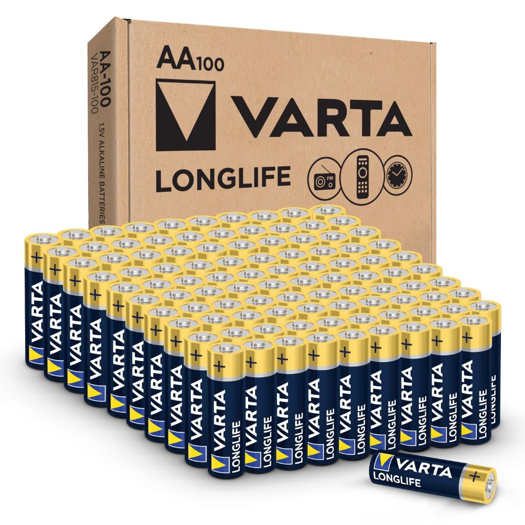 Varta Longlife AA Batteries (100 Pack), Alkaline Double A Battery