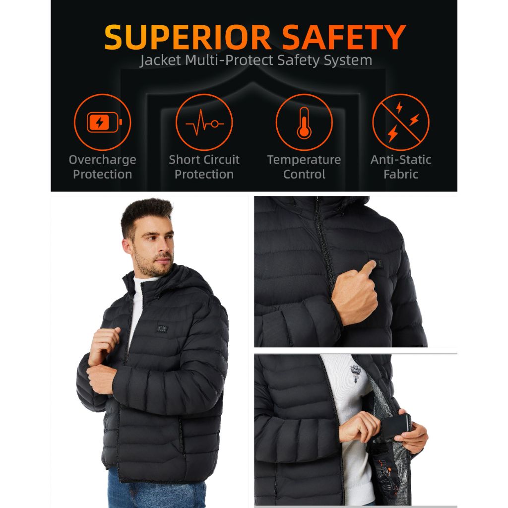 MANGOHOOYA Men's Puffer Heated Jacket - Lightweight Warm Coat for Men with Detachable Hood (Batteries not included)
