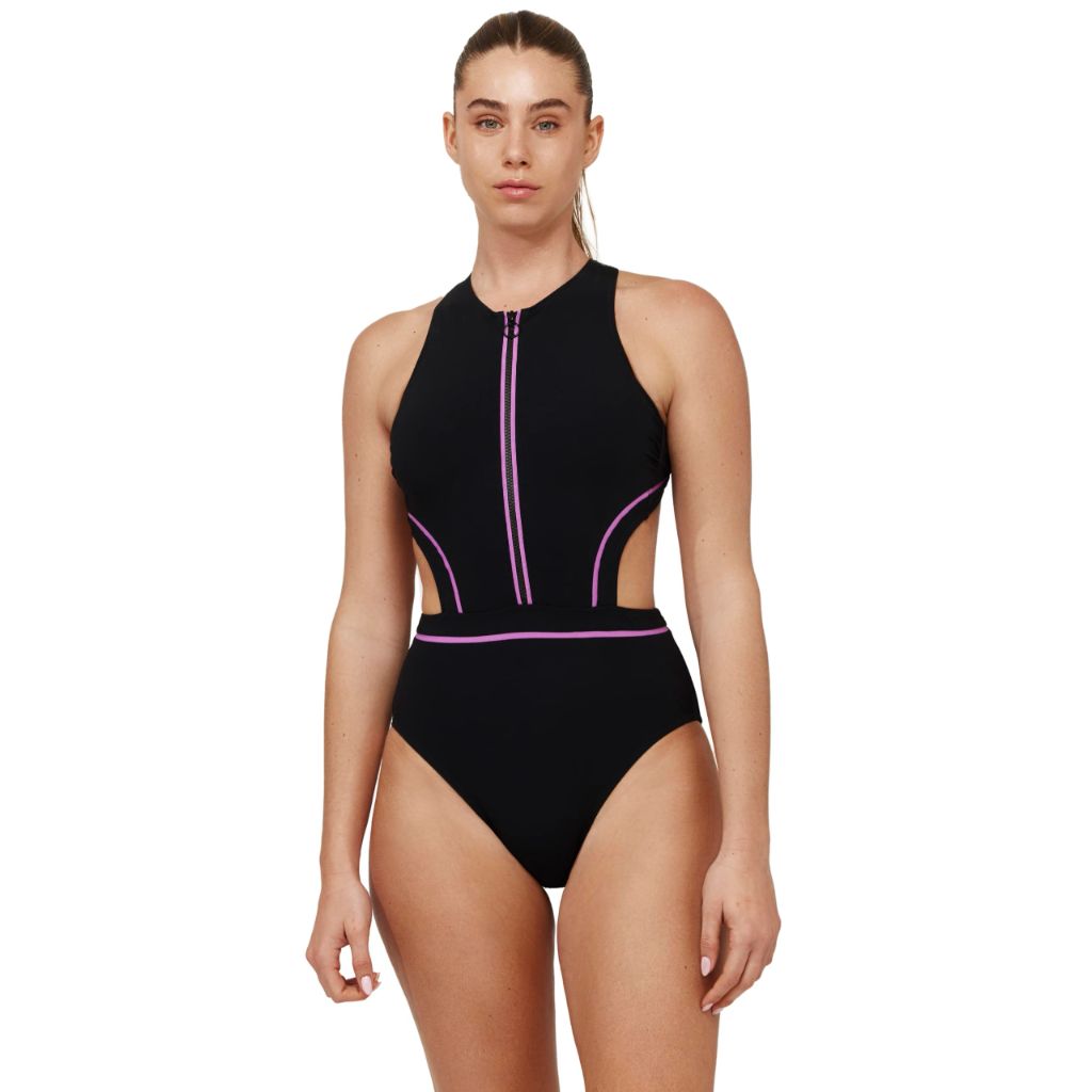 Gottex Women's Standard Free Sport High Neck Cut Out One Piece-Built-in Soft Cups, Black-Purple Size 4
